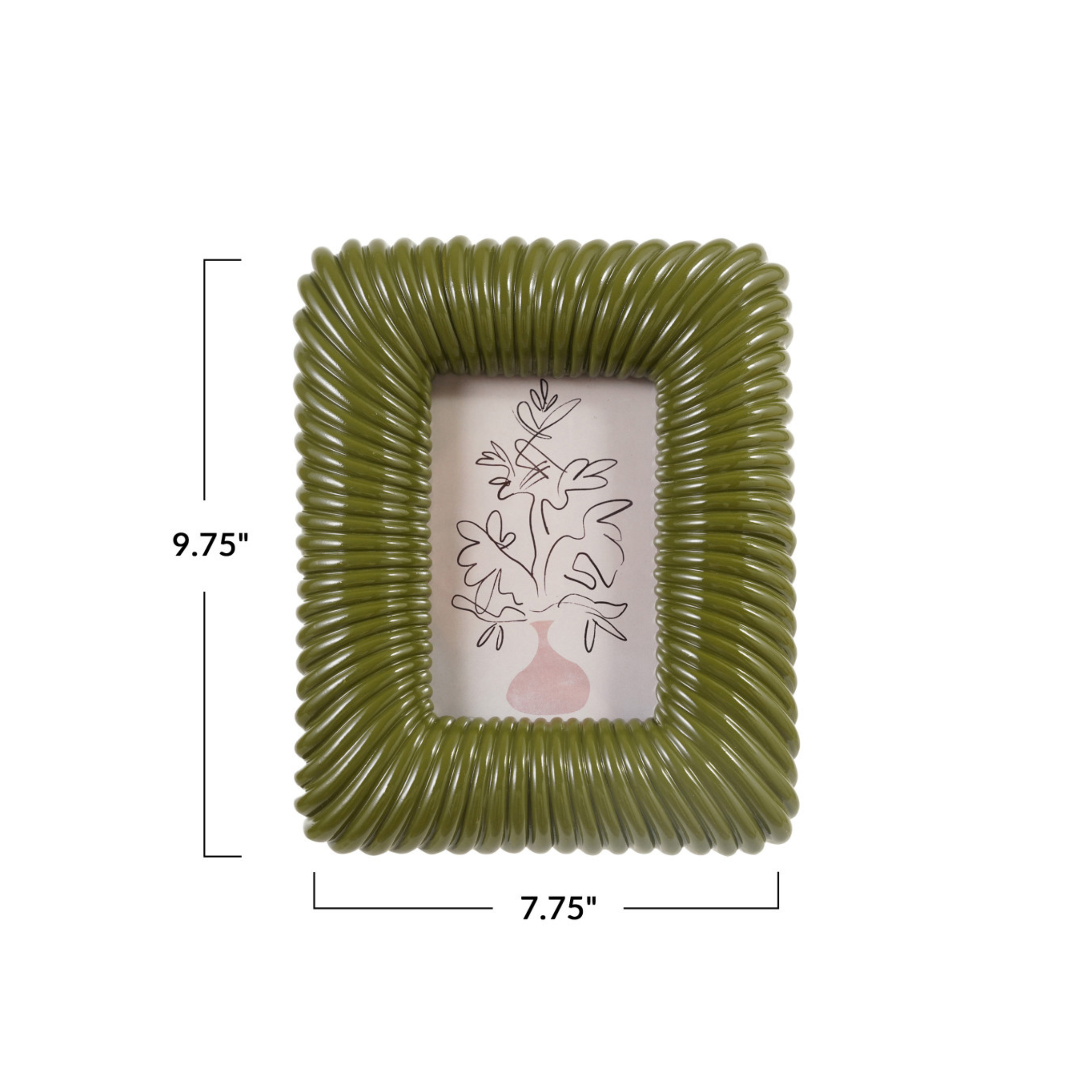 a ribbed green picture frame. 