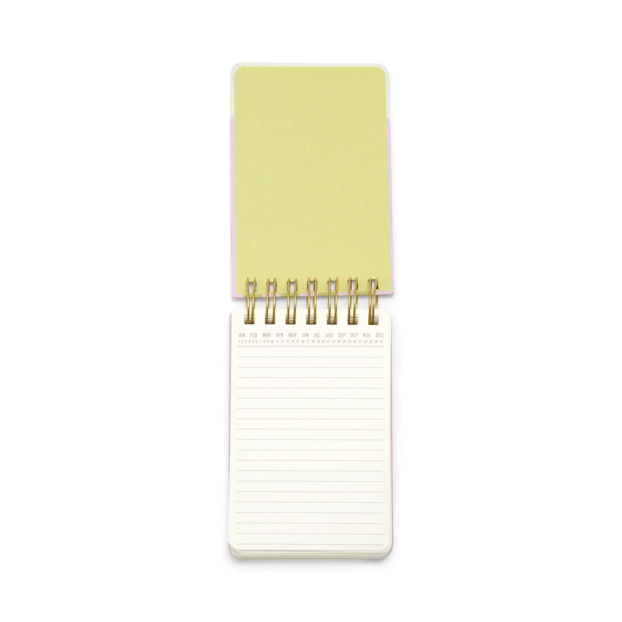 On a white background is a spiral bound notepad with lined pages. 