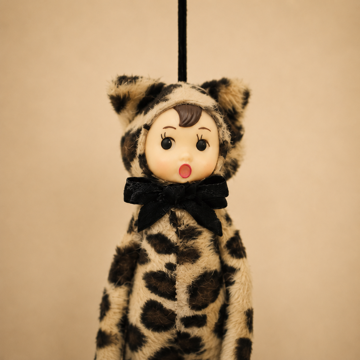 A hanging plush doll wearing a fuzzy leopard-print outfit with a black bow tie and cat-ear hood, shown against a plain warm beige background.