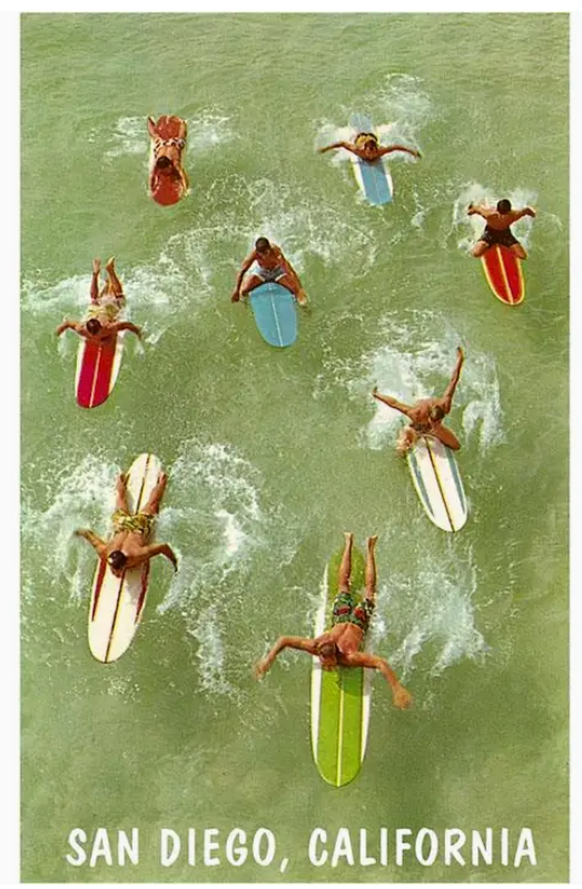 Surfers Paddling Away San Diego, California Postcard