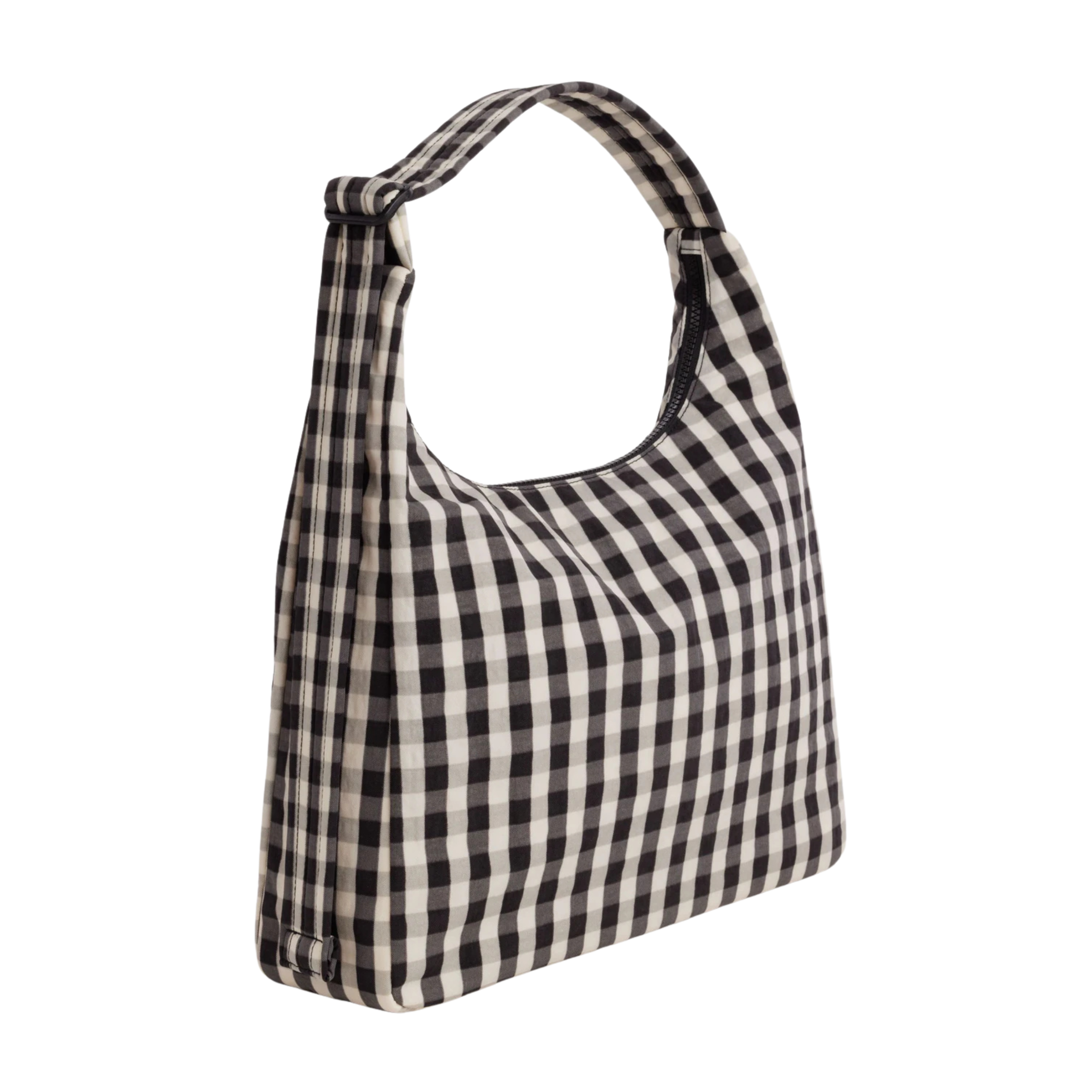 A black and cream gingham shoulder bag.