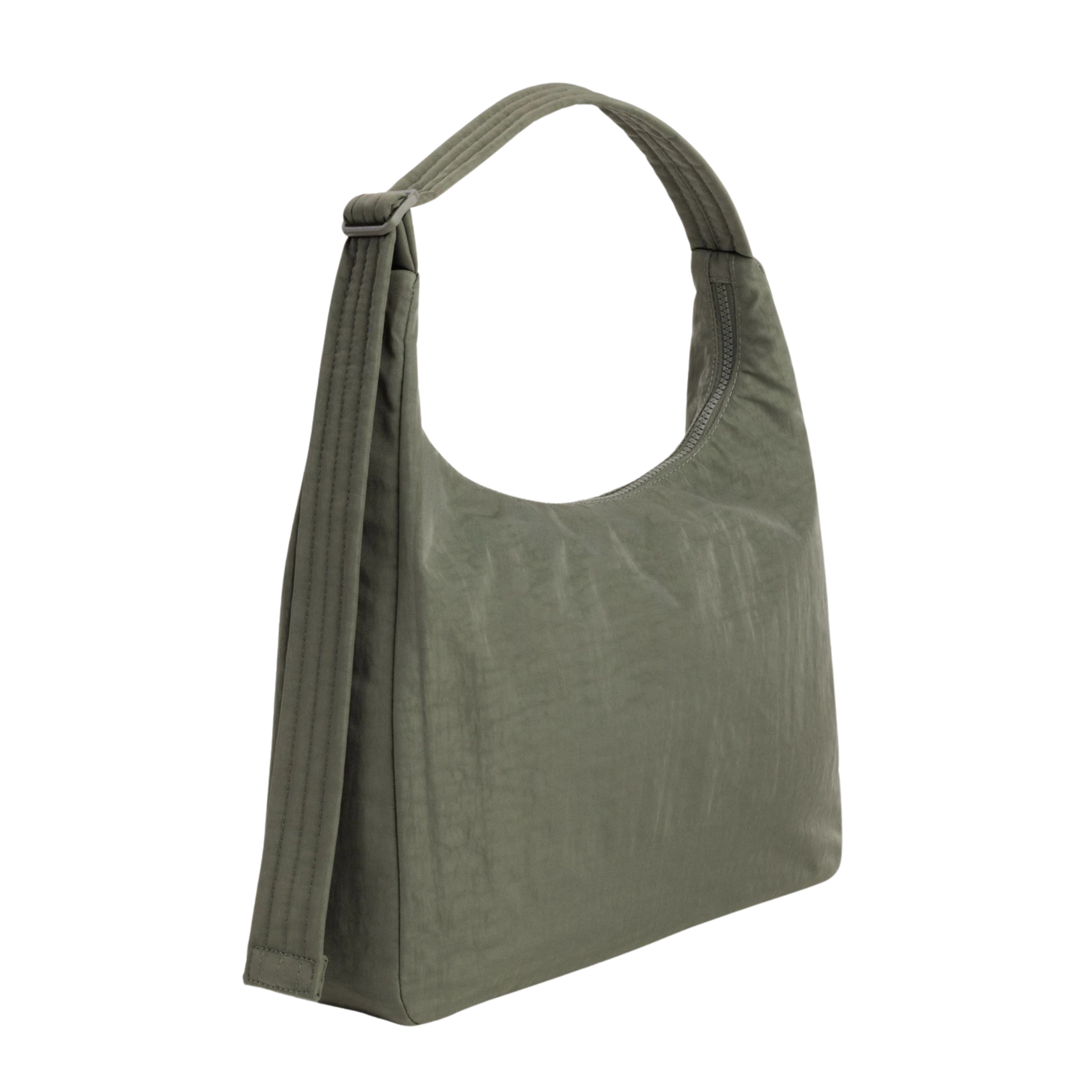 A green nylon shoulder bag.
