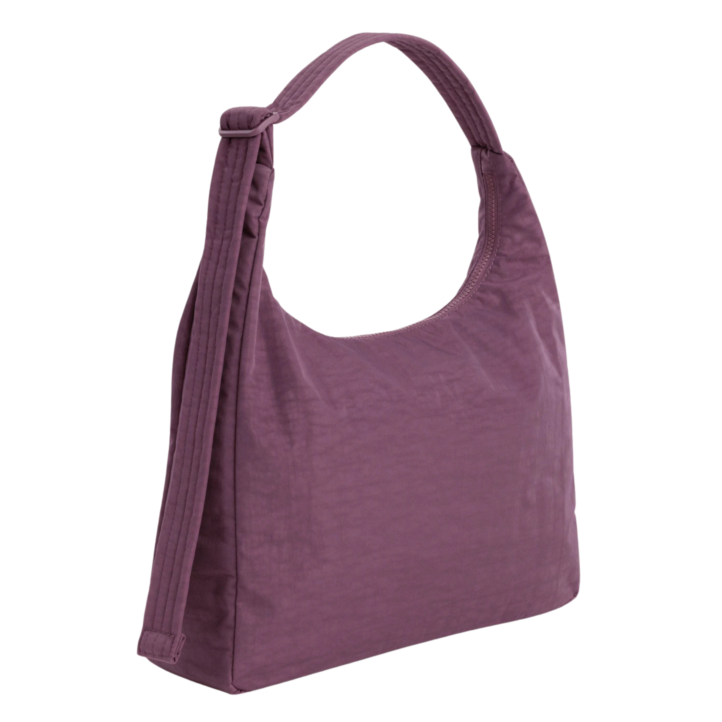 A plum purple colored nylon shoulder bag.