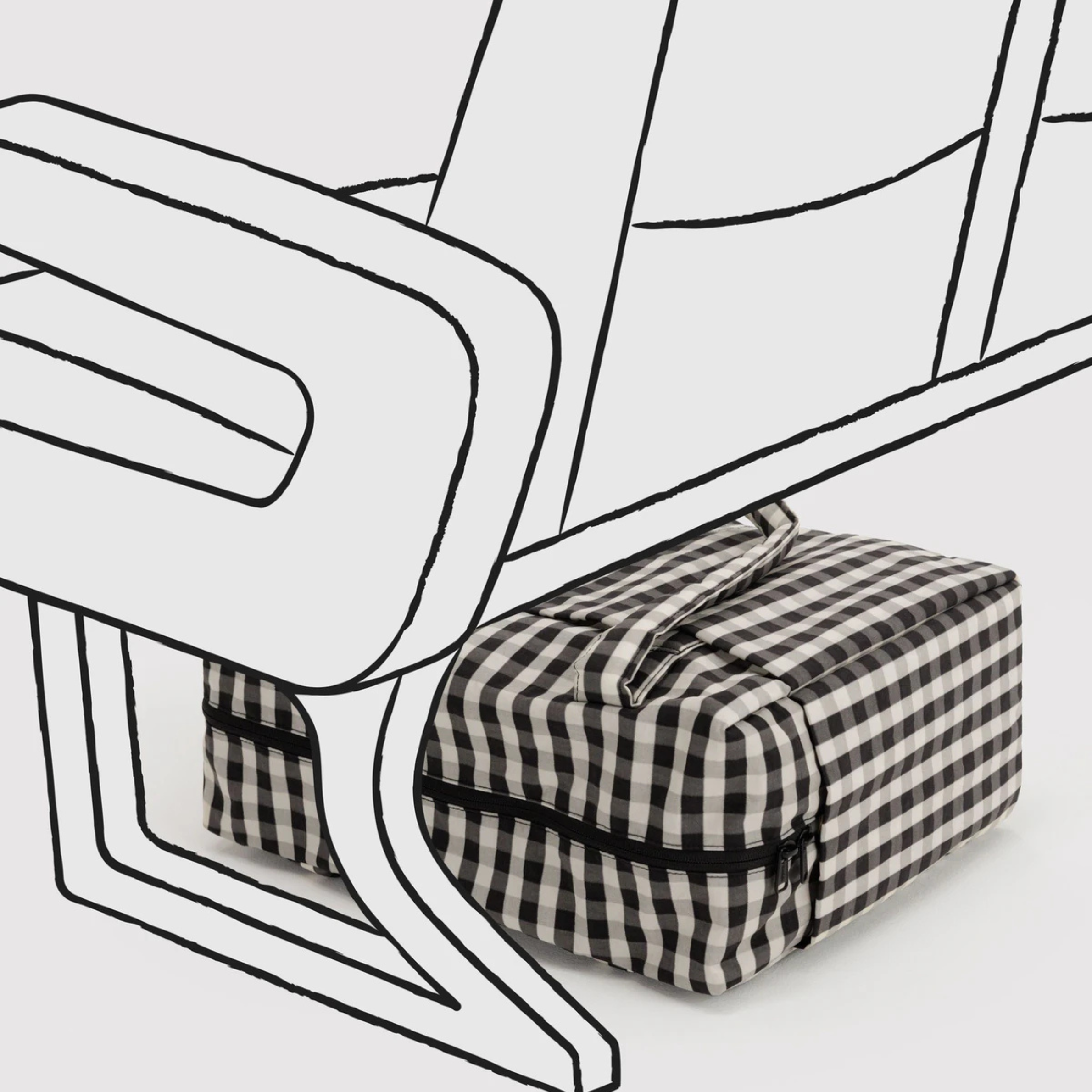 A black and cream gingham print nylon carry on bag.