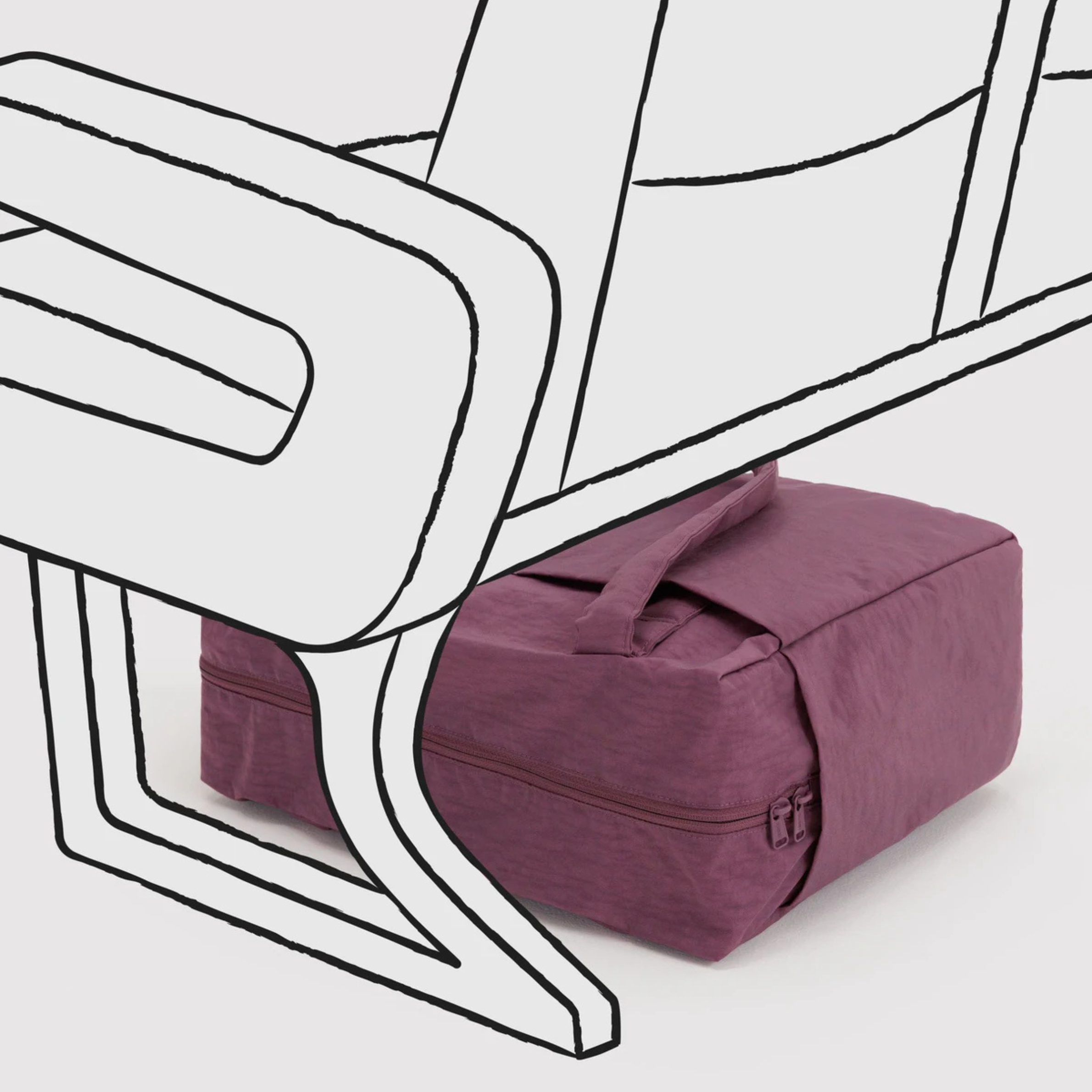 A purple nylon carry on bag.