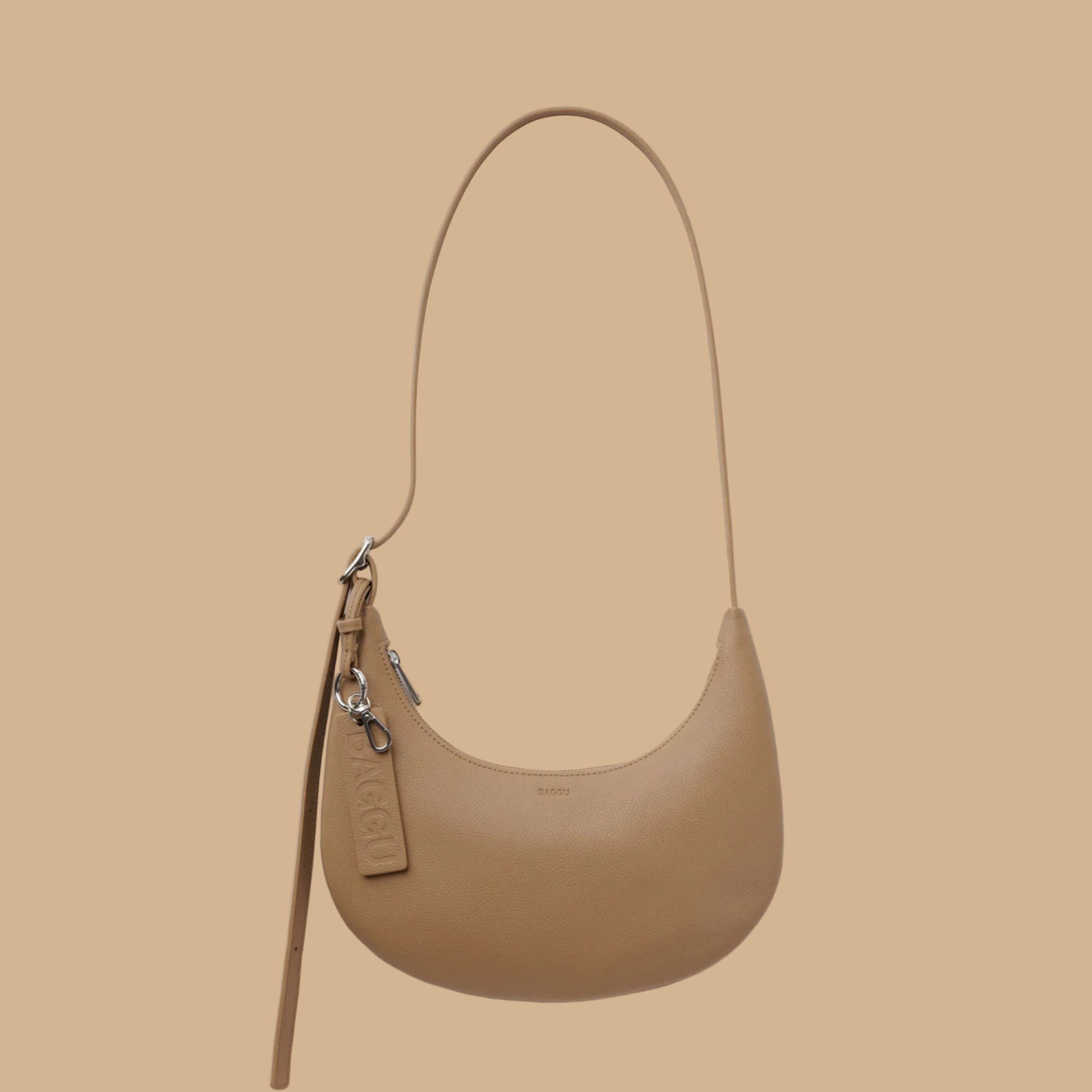A tan leather handbag. 