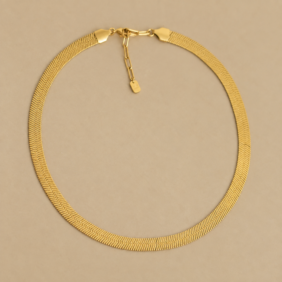 a gold snake chain necklace. 