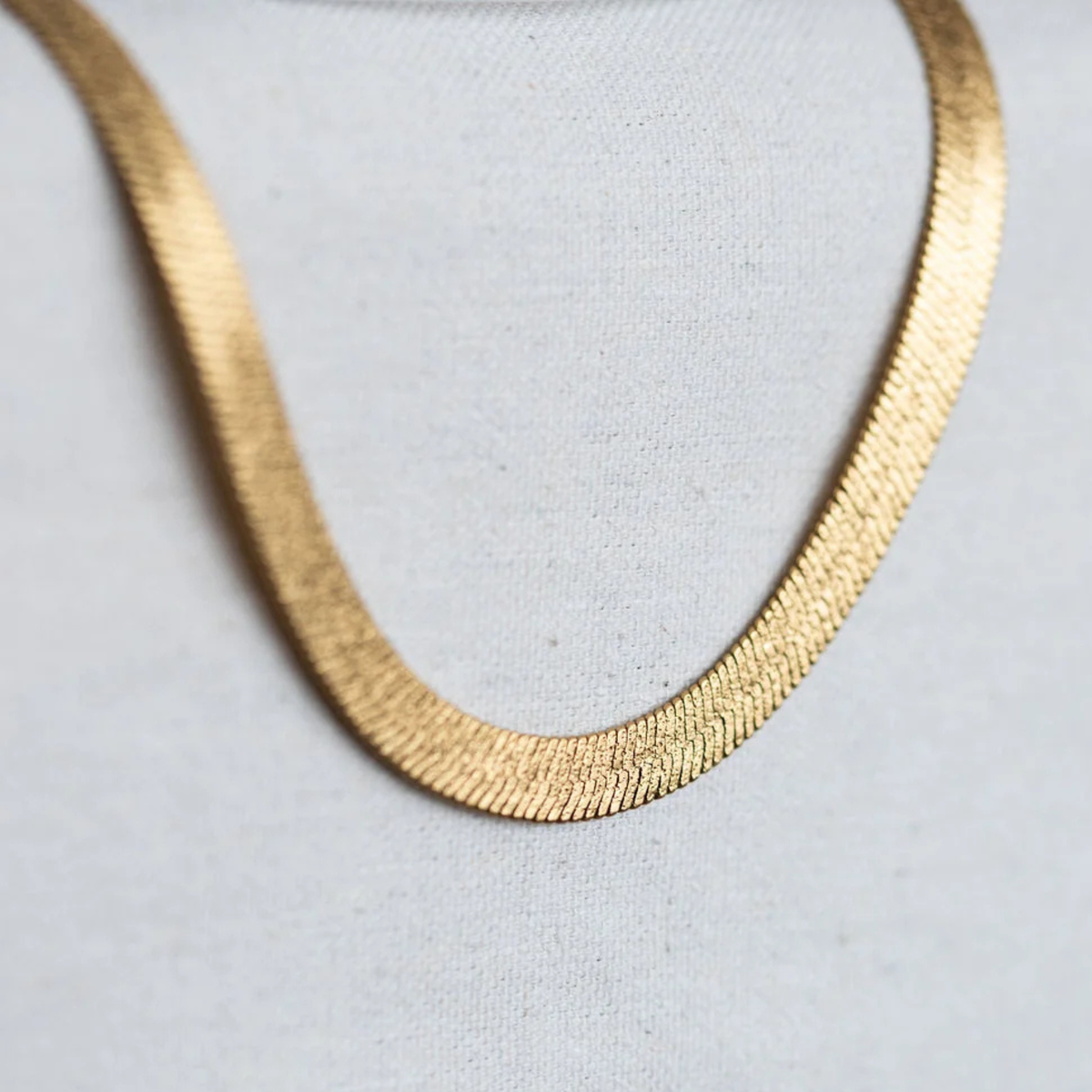 a gold snake chain necklace. 