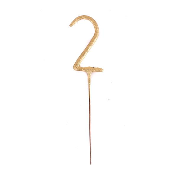 On a white background is a gold sparkling candle in the shape of the number two.