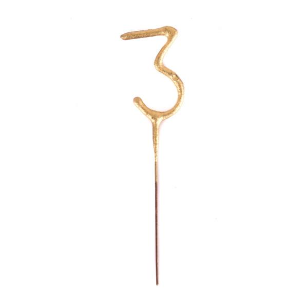 On a white background is a gold sparkling candle in the shape of the number three.