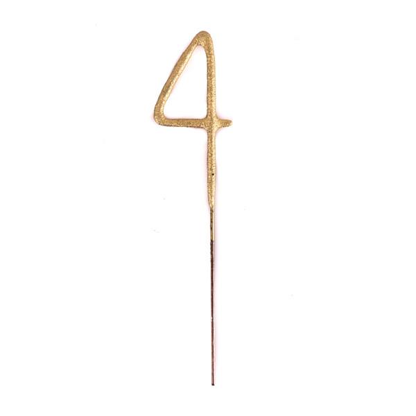 On a white background is a gold sparkling candle in the shape of the number four.