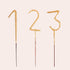 On a light pink background is a photo of three gold sparkling candles in the shape of a "1" a "2" and a "3".