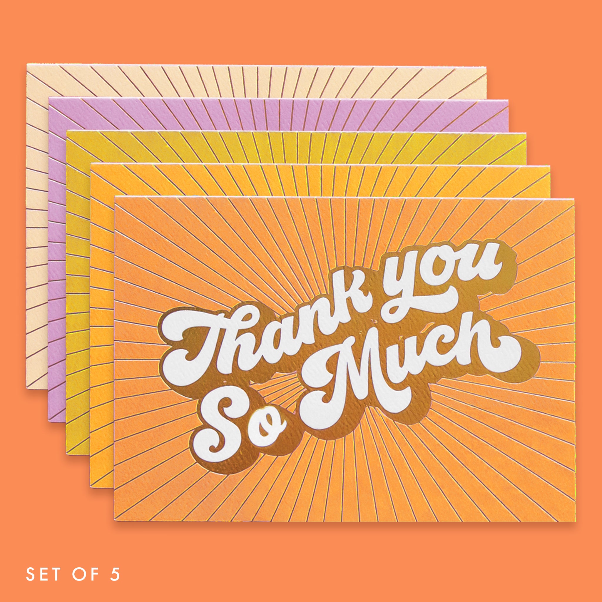 Set of five colorful greeting cards with 'Thank you so much' text on an orange background