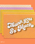 Set of five colorful greeting cards with 'Thank you so much' text on an orange background