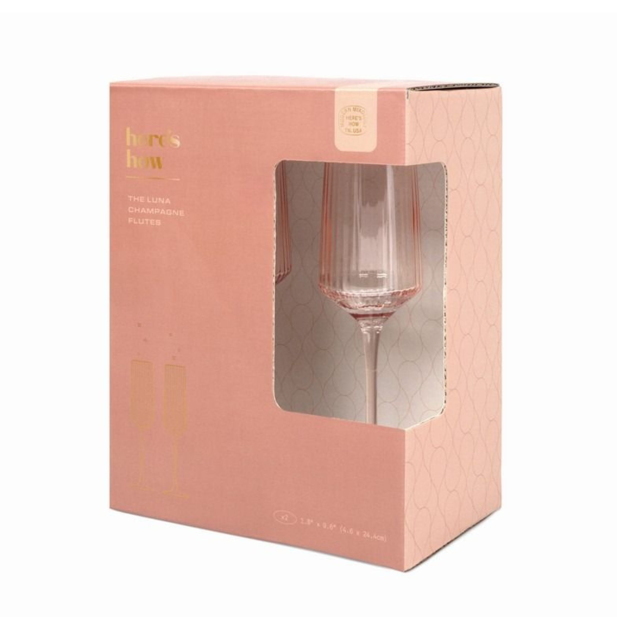 A set of blush pink champagne flute glasses.