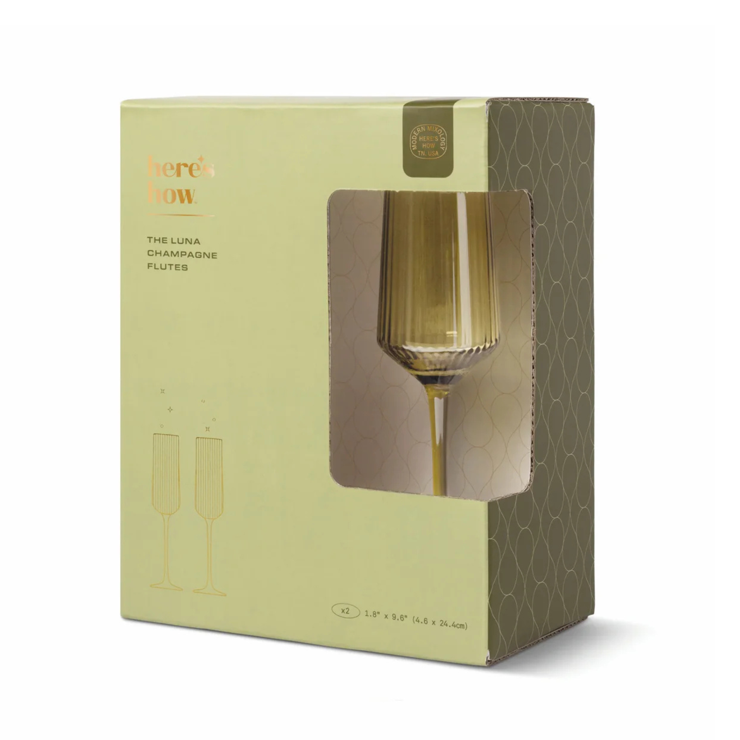 A box of two olive green glass champagne flutes. 