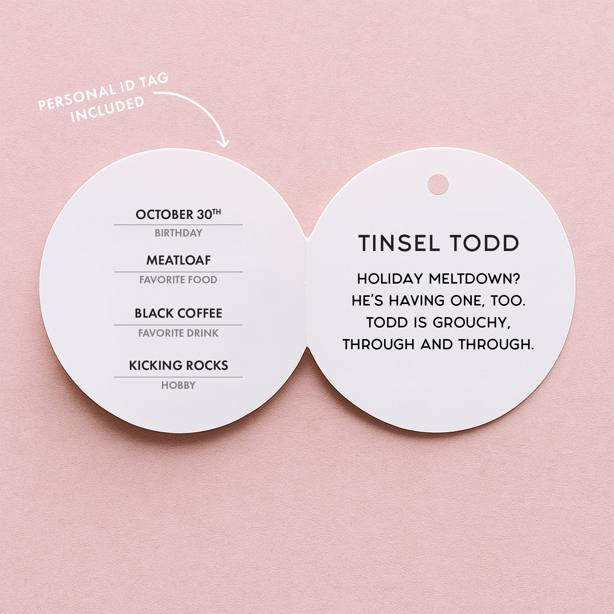 A photo of the tag attached to the elf that reads &#39;Birthday, Favorite Food, Favorite Drink, Hobby, Tinsel Todd Holiday Meltdown? He&#39;s having one, too. Todd is grouchy through and through&#39;. 