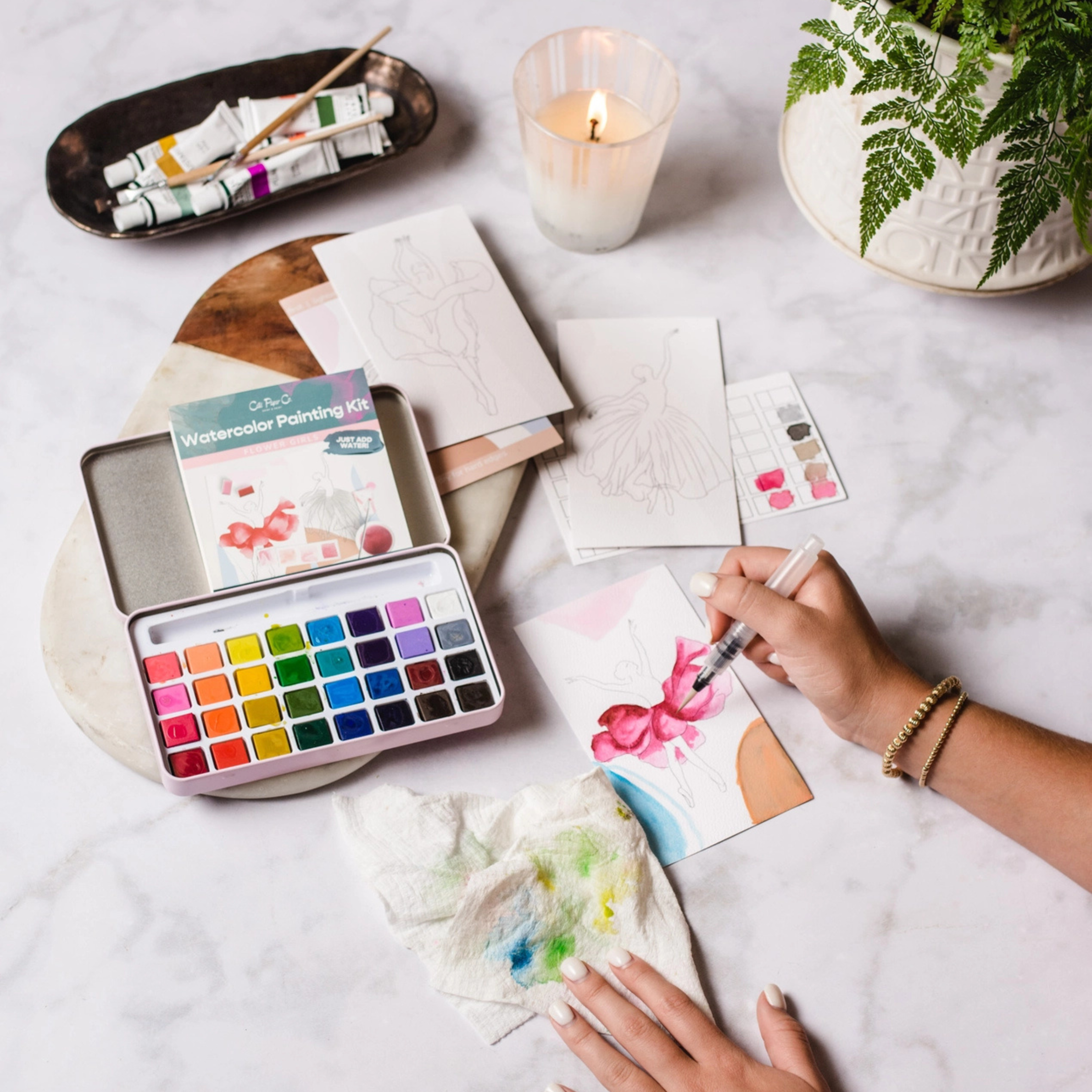 A watercolor paint kit.