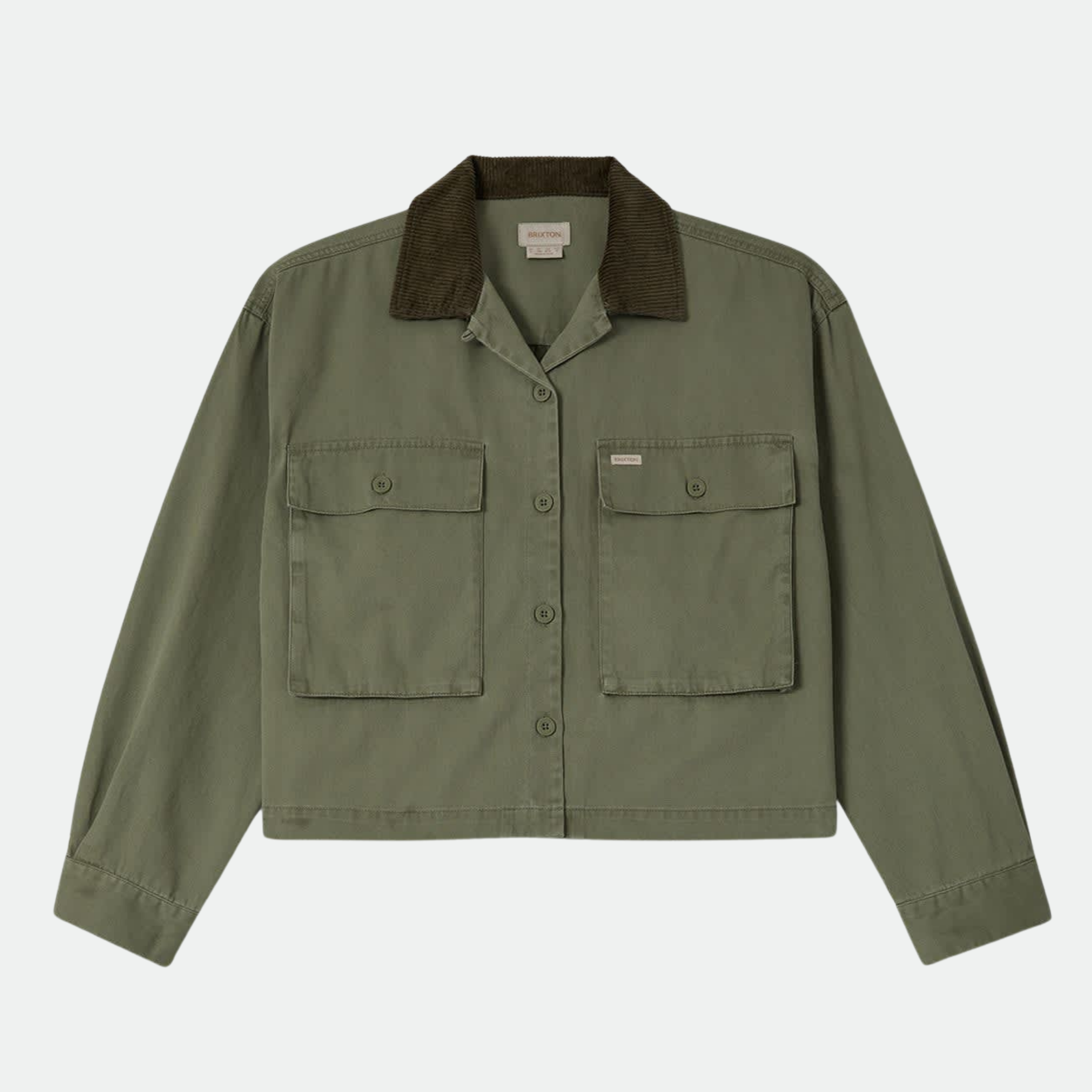 an army green jacket with a corduroy collar. 