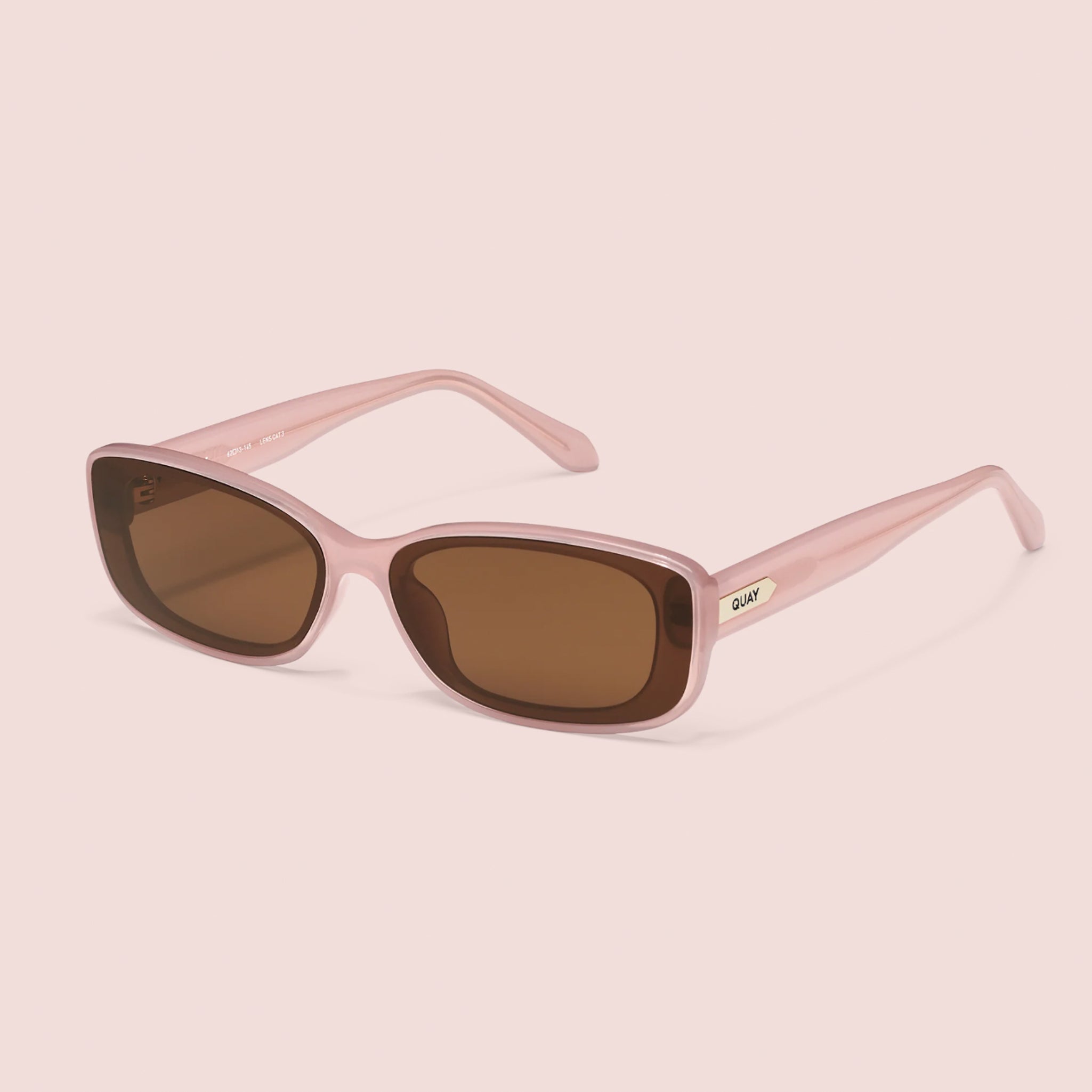 A pair of pink framed sunglasses with a brown lens. 