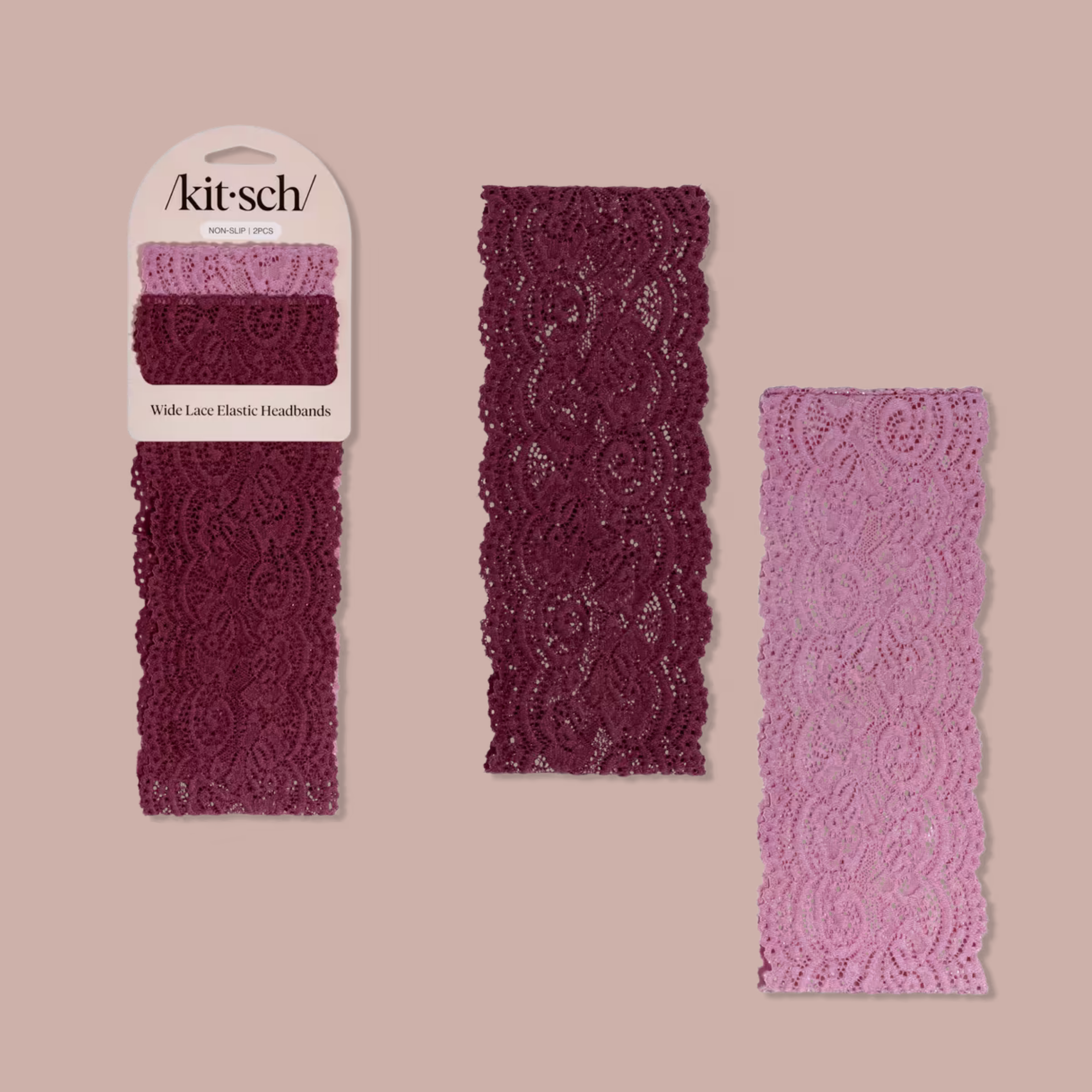 two wide lace headbands, one in a cherry color and the other in a pink