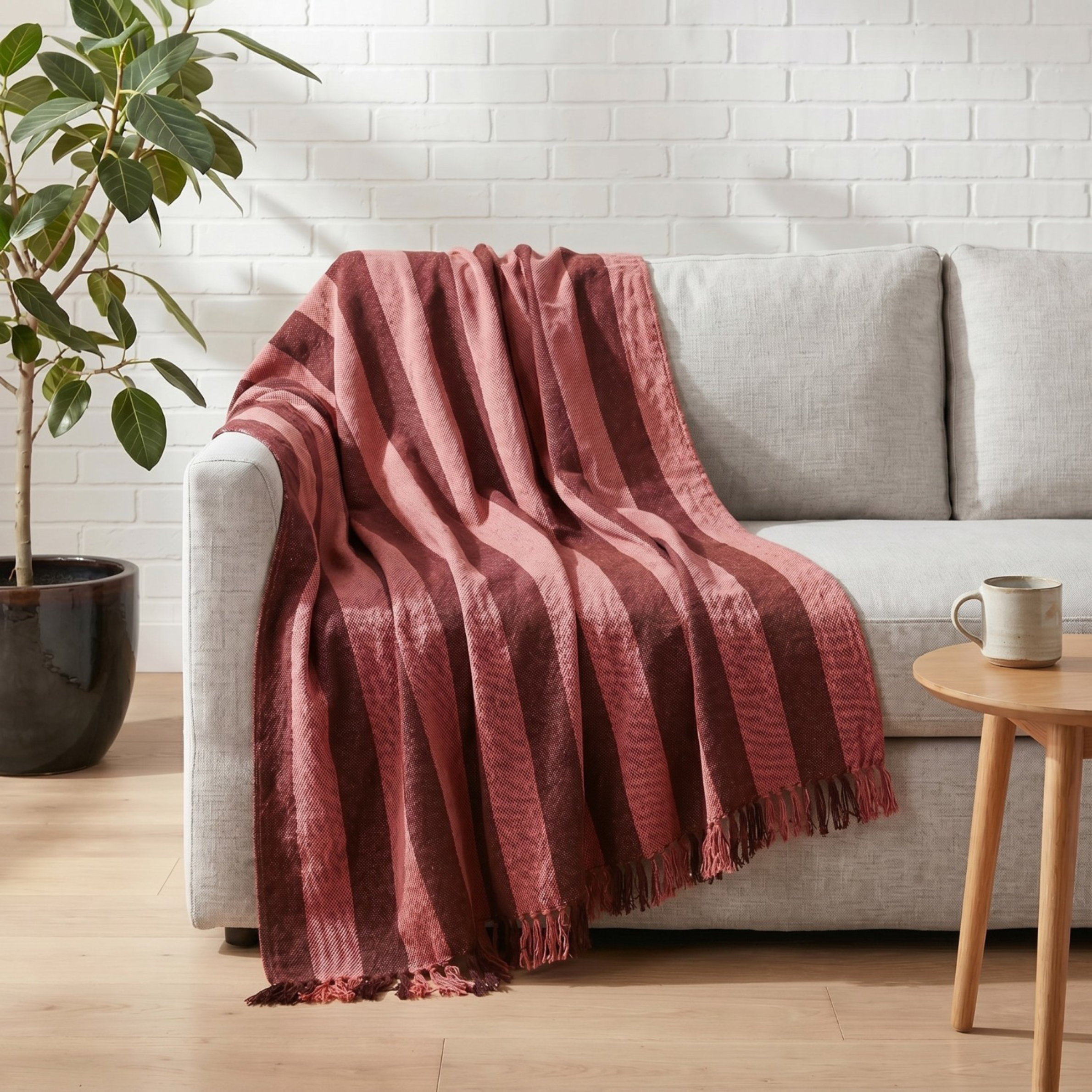 a pink and burgundy woven throw blanket.