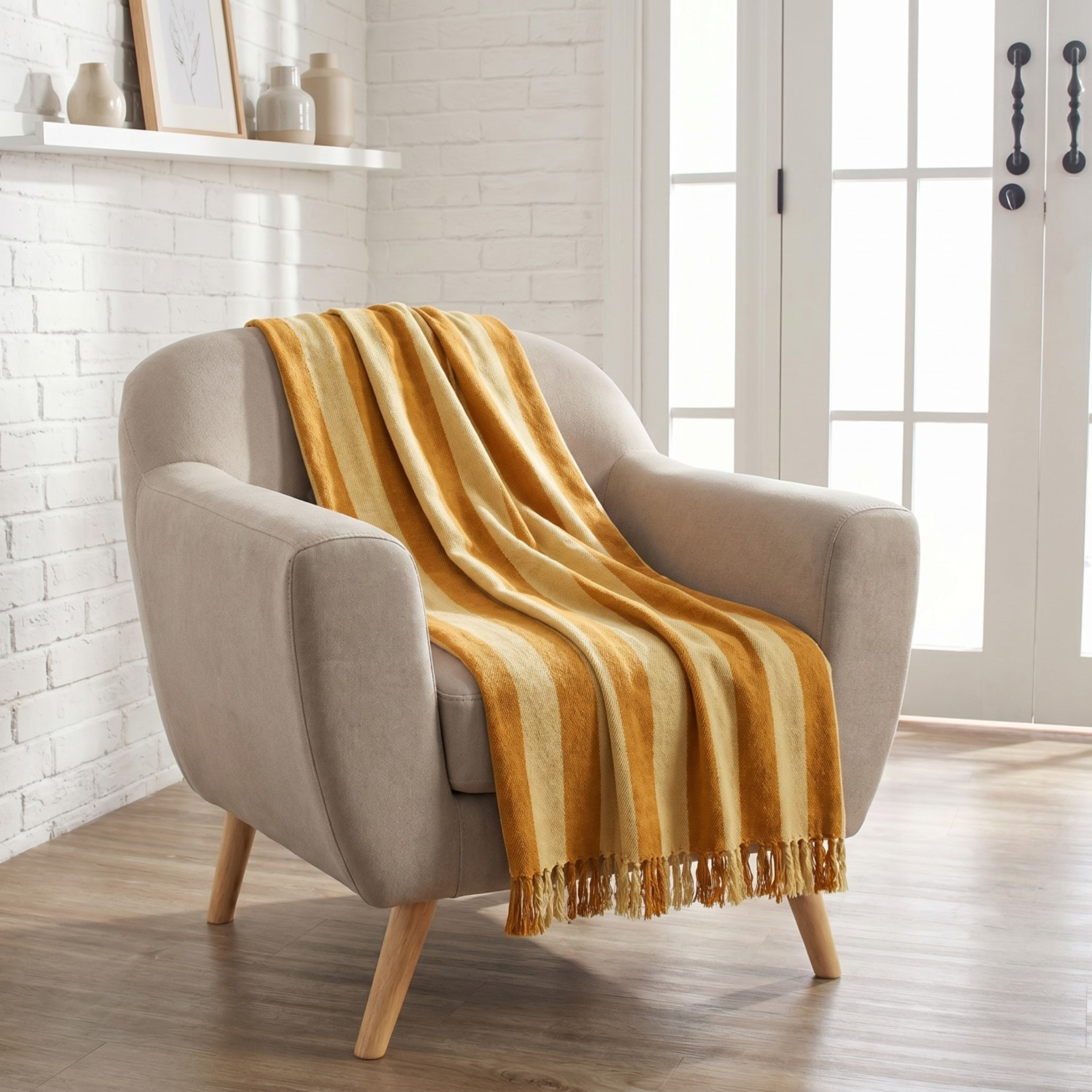 a yellow and tan woven striped throw blanket