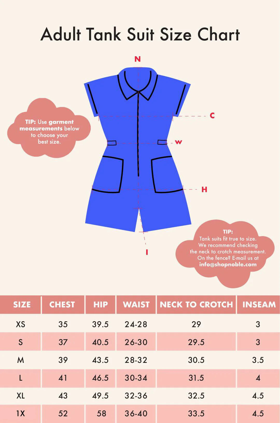 The size chart for the adult tank suit. 
