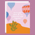 a purple and orange card with air balloon graphics and white text in the center that reads, "I'm so glad we're on this Adventure together". 