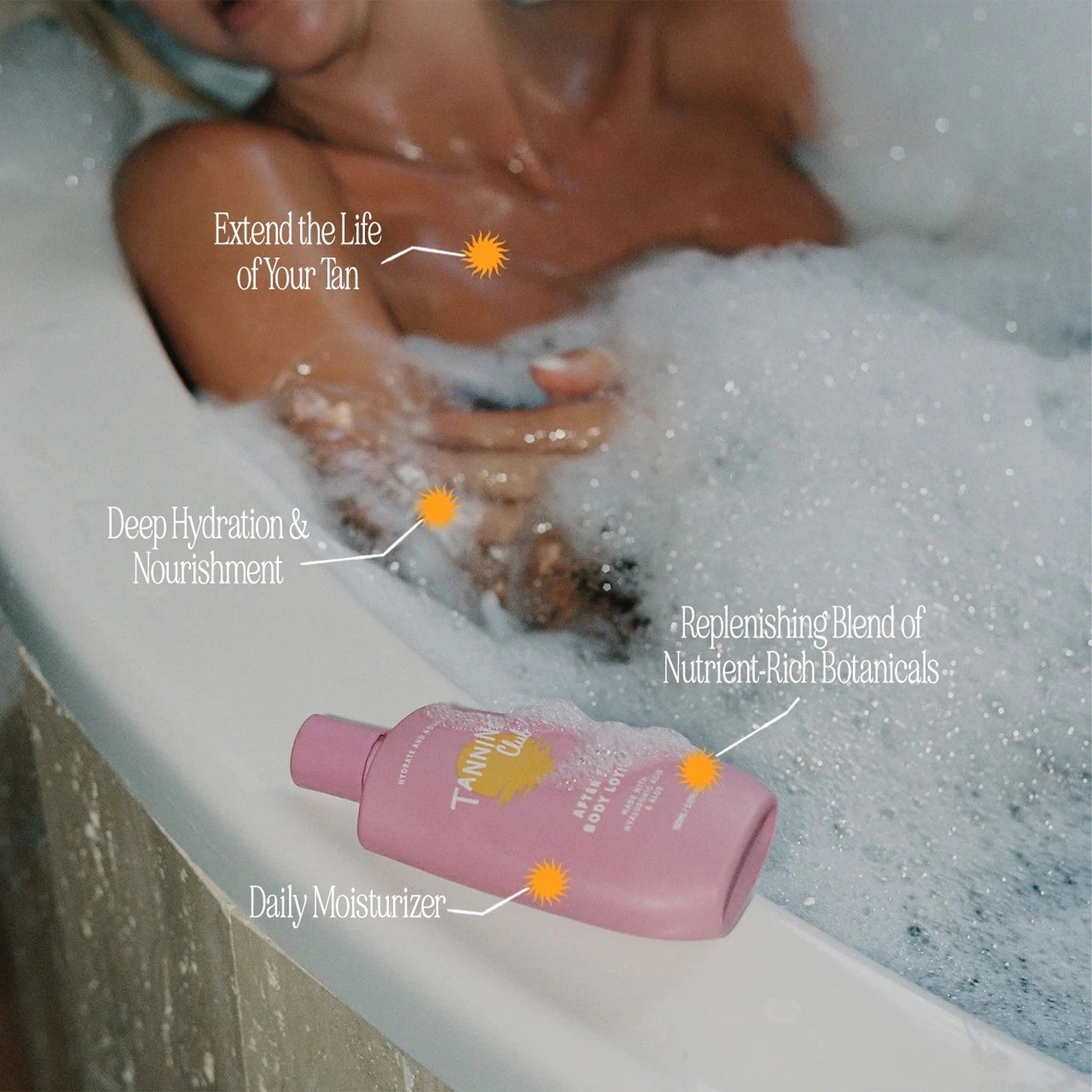 Person in a bathtub with bubbles, pink bottle, and text about product benefits.