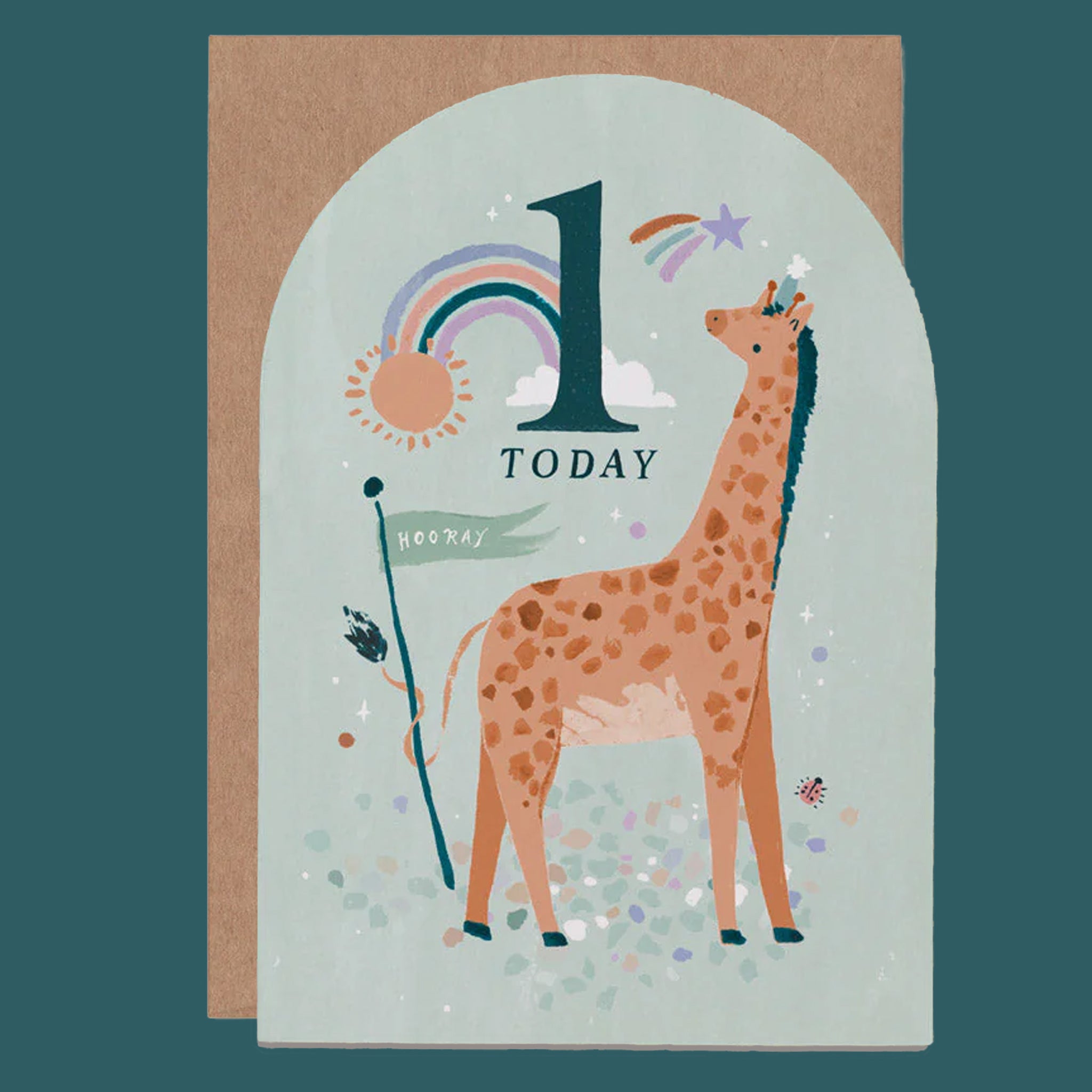 An arched blue card with a giraffe and text that reads, &#39;1 today Hooray&#39;. 