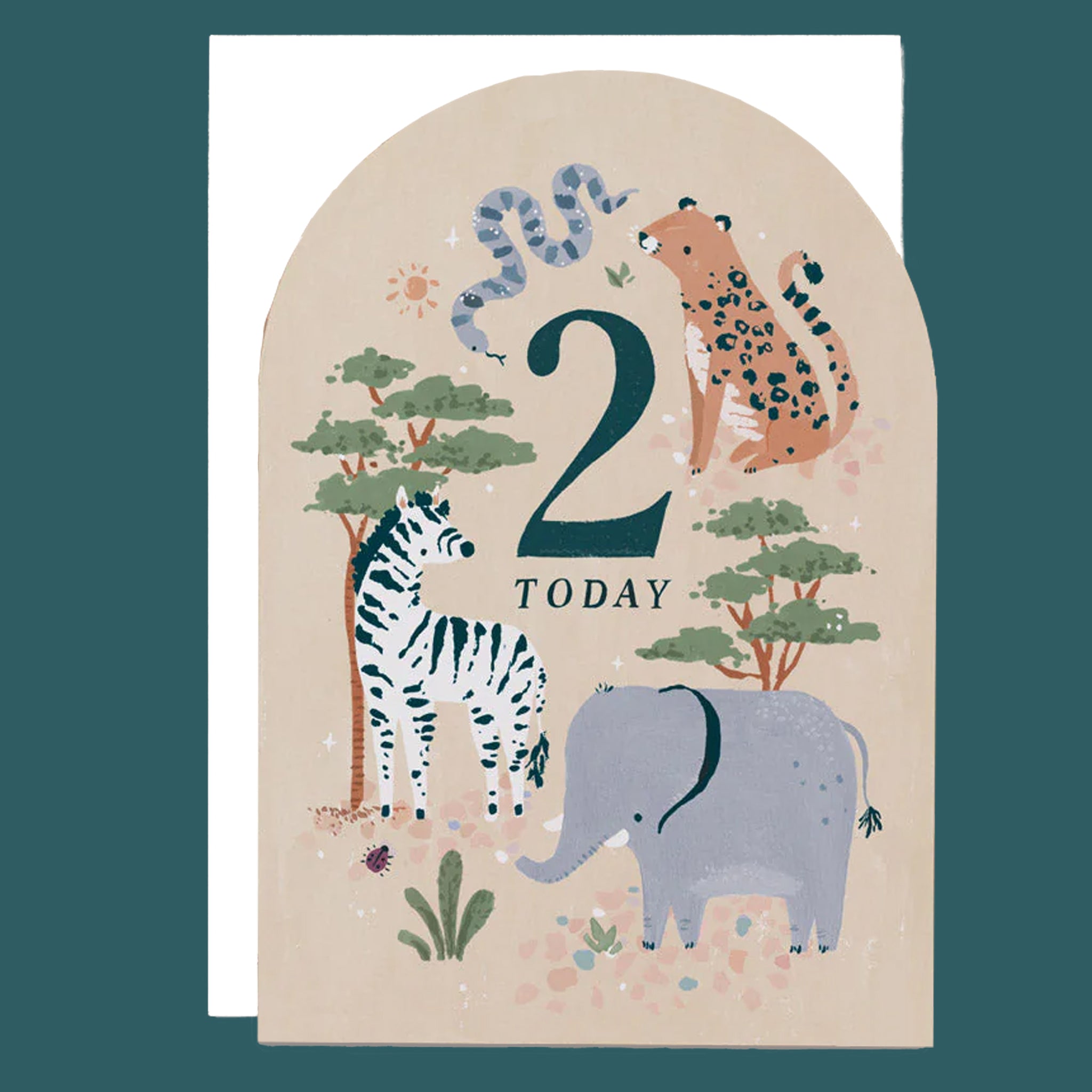 An arched cream card with a zebra, cheetah, elephant and snake illustration on the front and text that reads, '2 today'. 