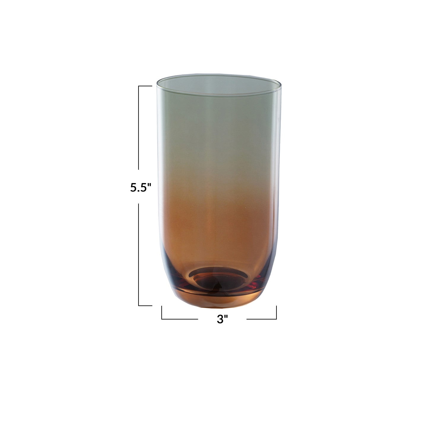 Tall iridescent drinking glass with amber base measuring 5.5 inches tall and 3 inches in diameter.