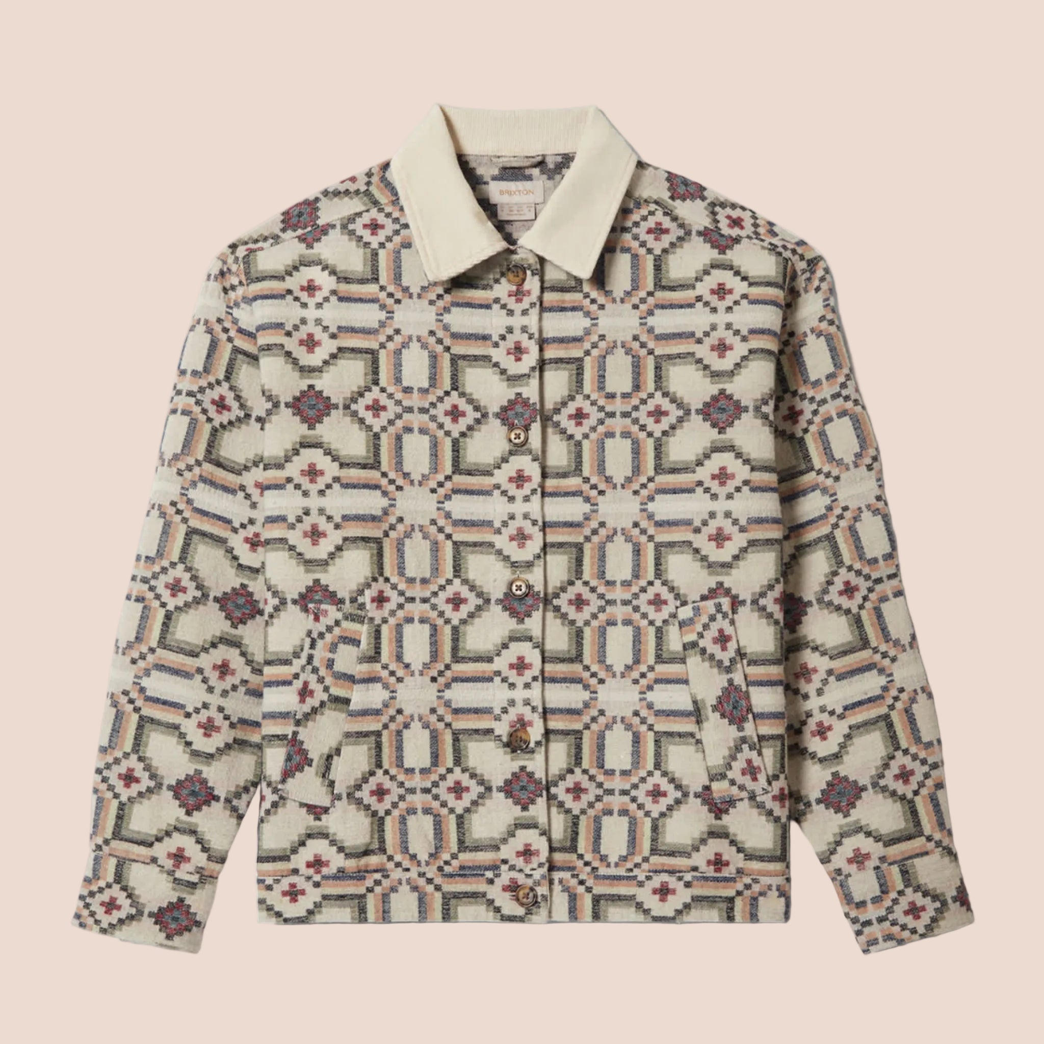 A button up jacket with a collar and a geometric print. 