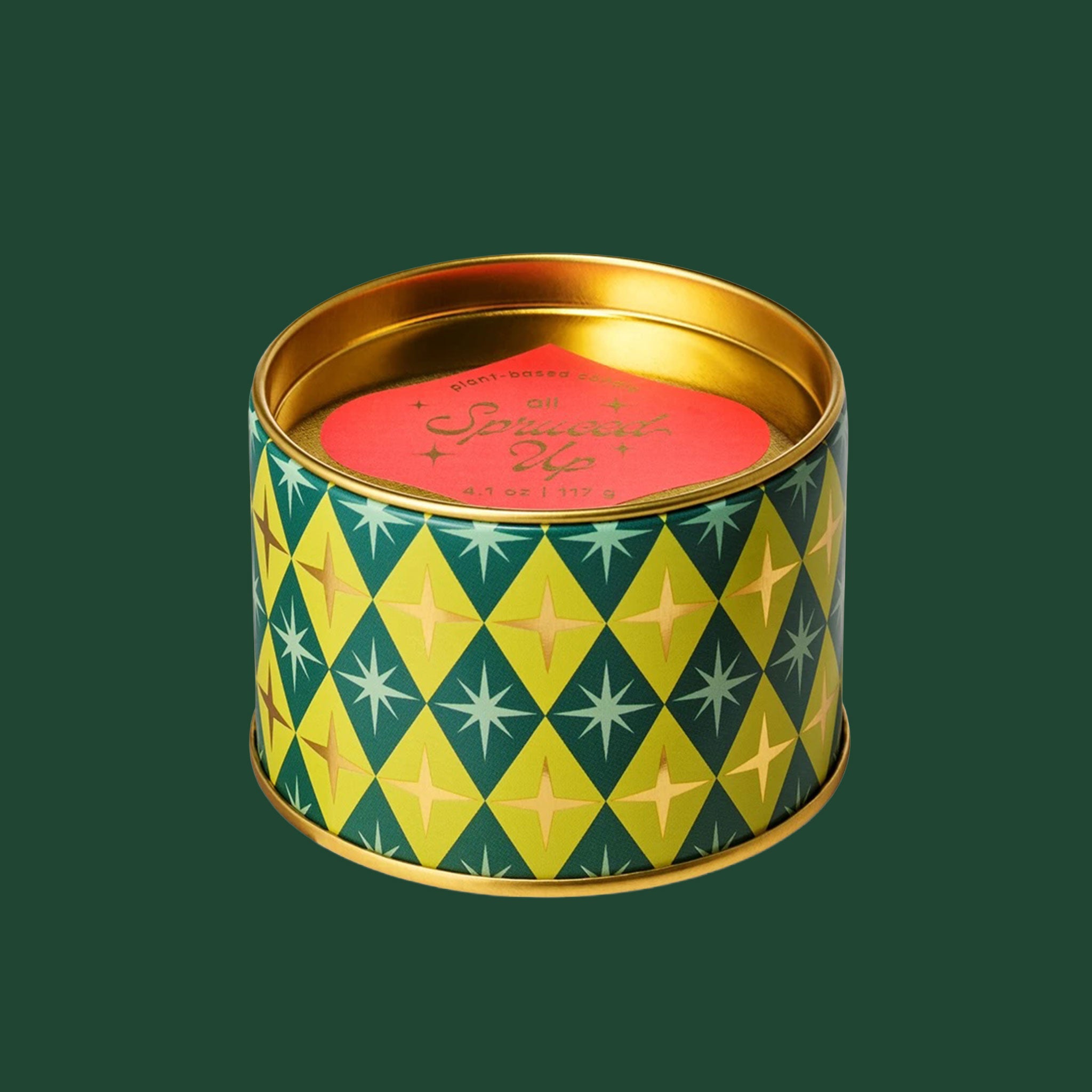 Gold, lime green and dark green tin candle with stars and a checkered pattern.