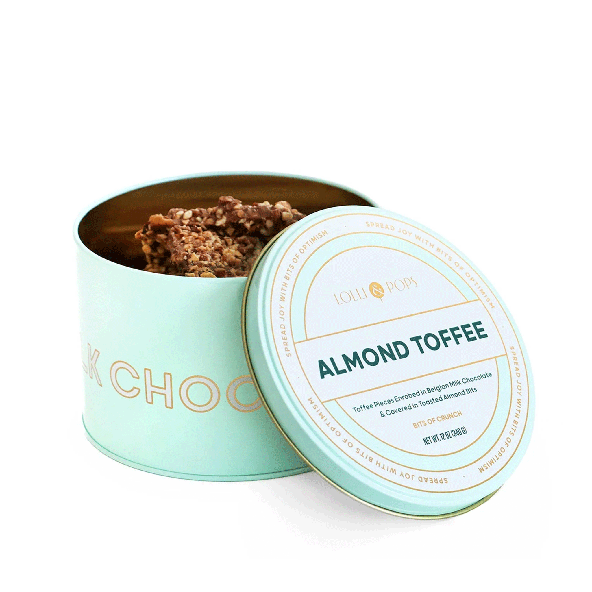 On a white background is a aqua blue tin filled with almond toffee. 