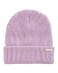 On a white background is a light purple knit beanie. 