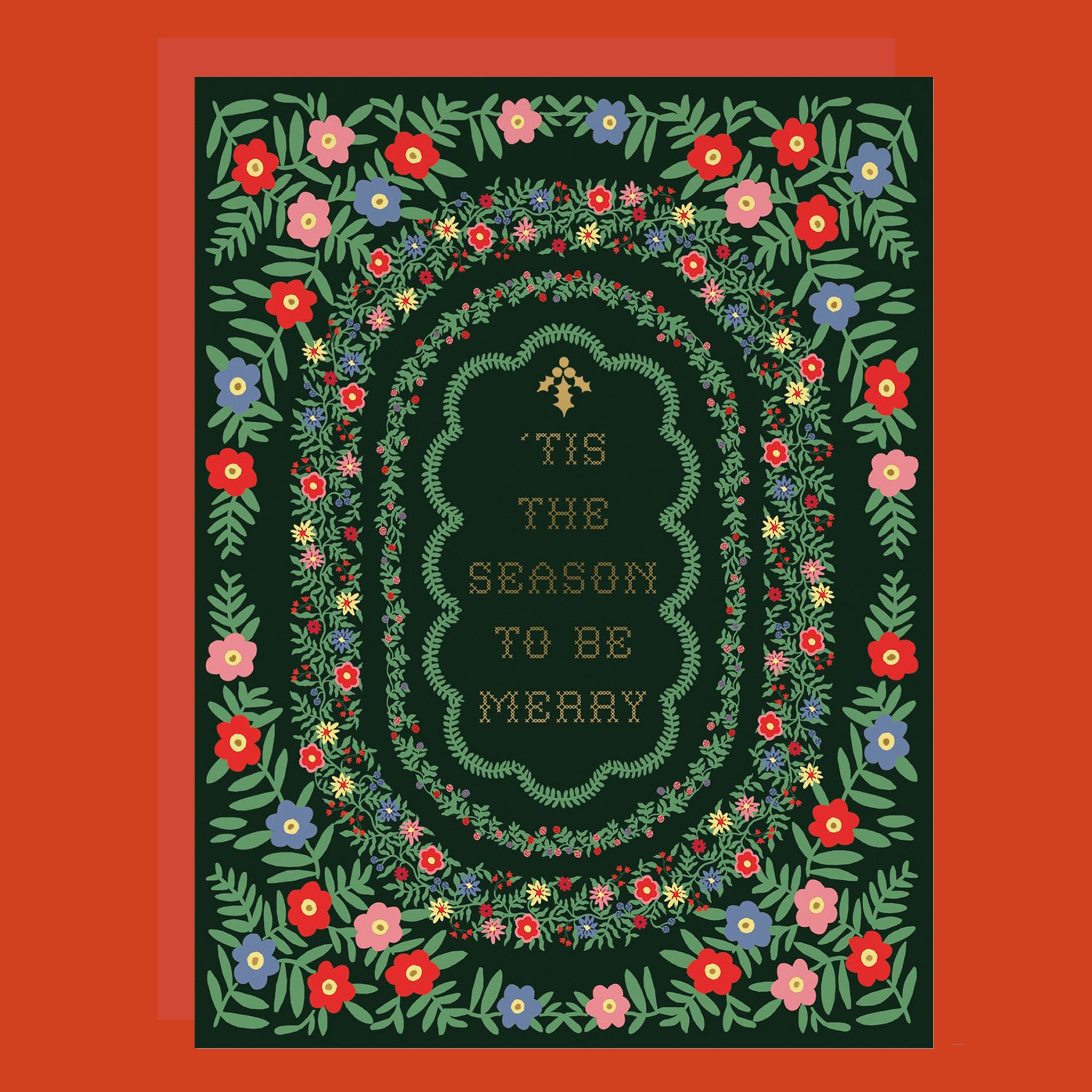 Decorative card with floral border and 'Tis the Season to be Merry' text on a red background