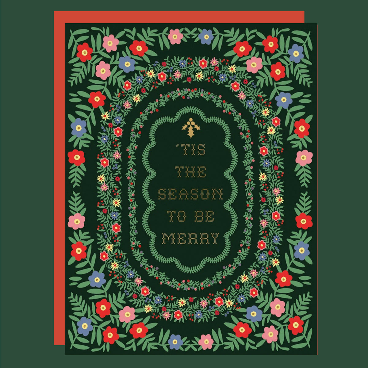 Decorative card with floral border and 'Tis the Season to be Merry' text on a red background