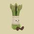 An asparagus bundle shaped stuffed toy with a smiling face. 