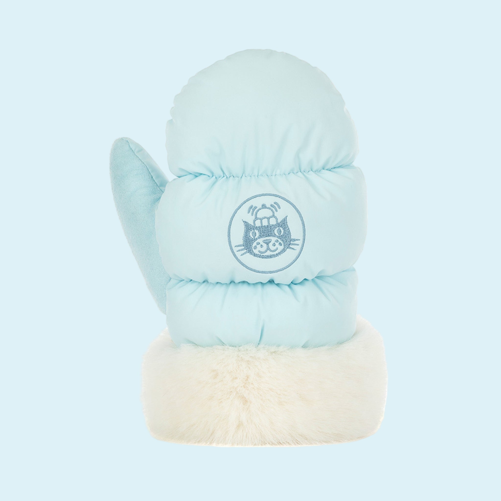 A light blue mitten shaped stuffed toy with a smiling face and legs. 