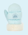 A light blue mitten shaped stuffed toy with a smiling face and legs. 
