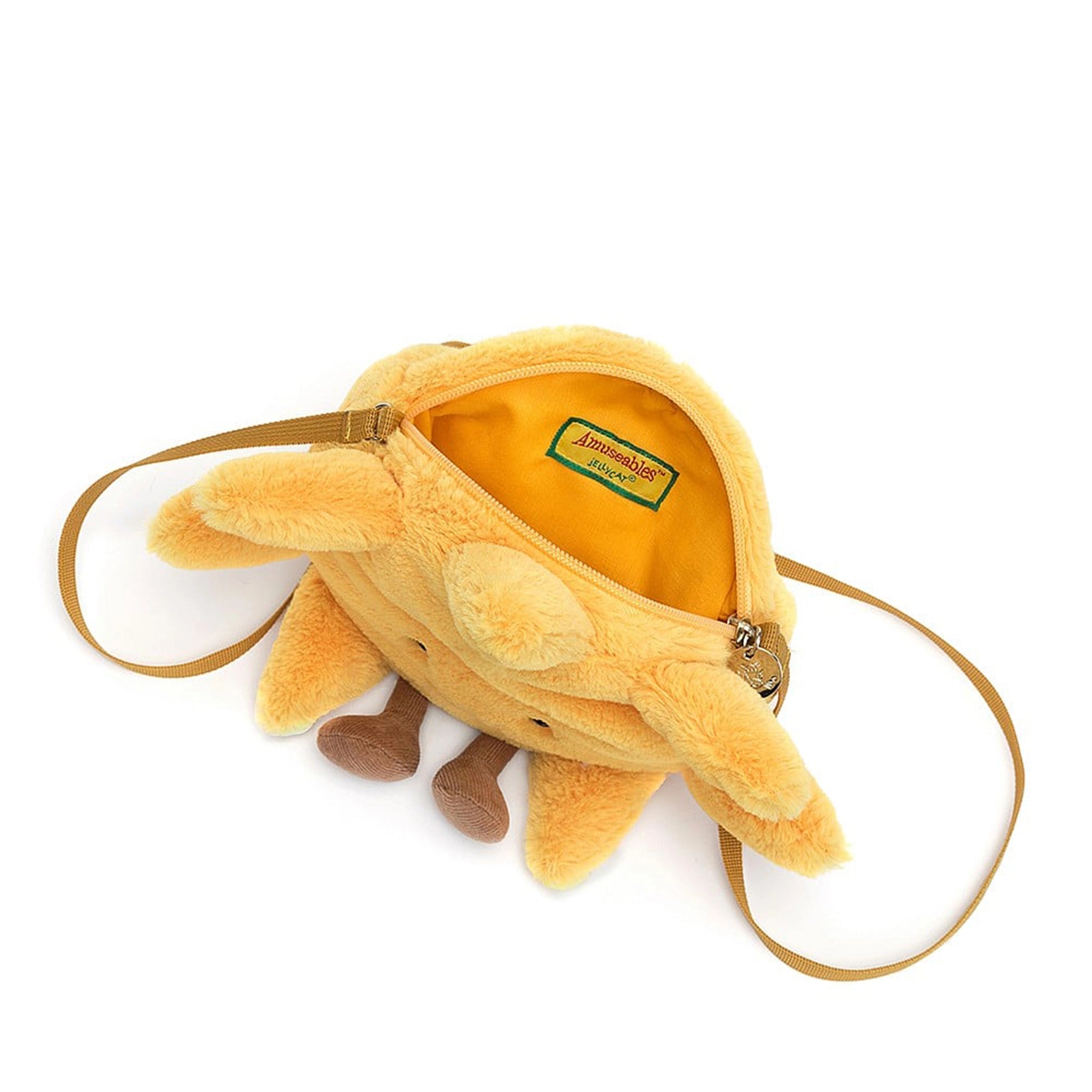 On a white background is fuzzy yellow sun bag with a brown strap and a zipper opening at the top.