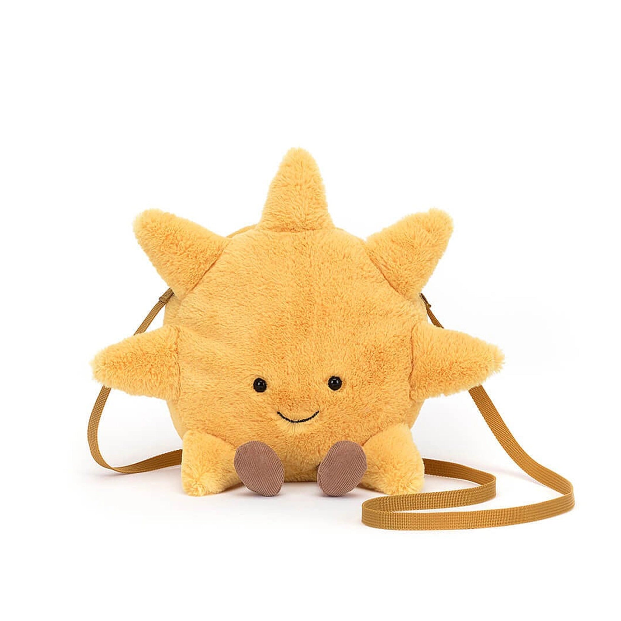 On a white background is fuzzy yellow sun bag with a brown strap and a zipper opening at the top. 