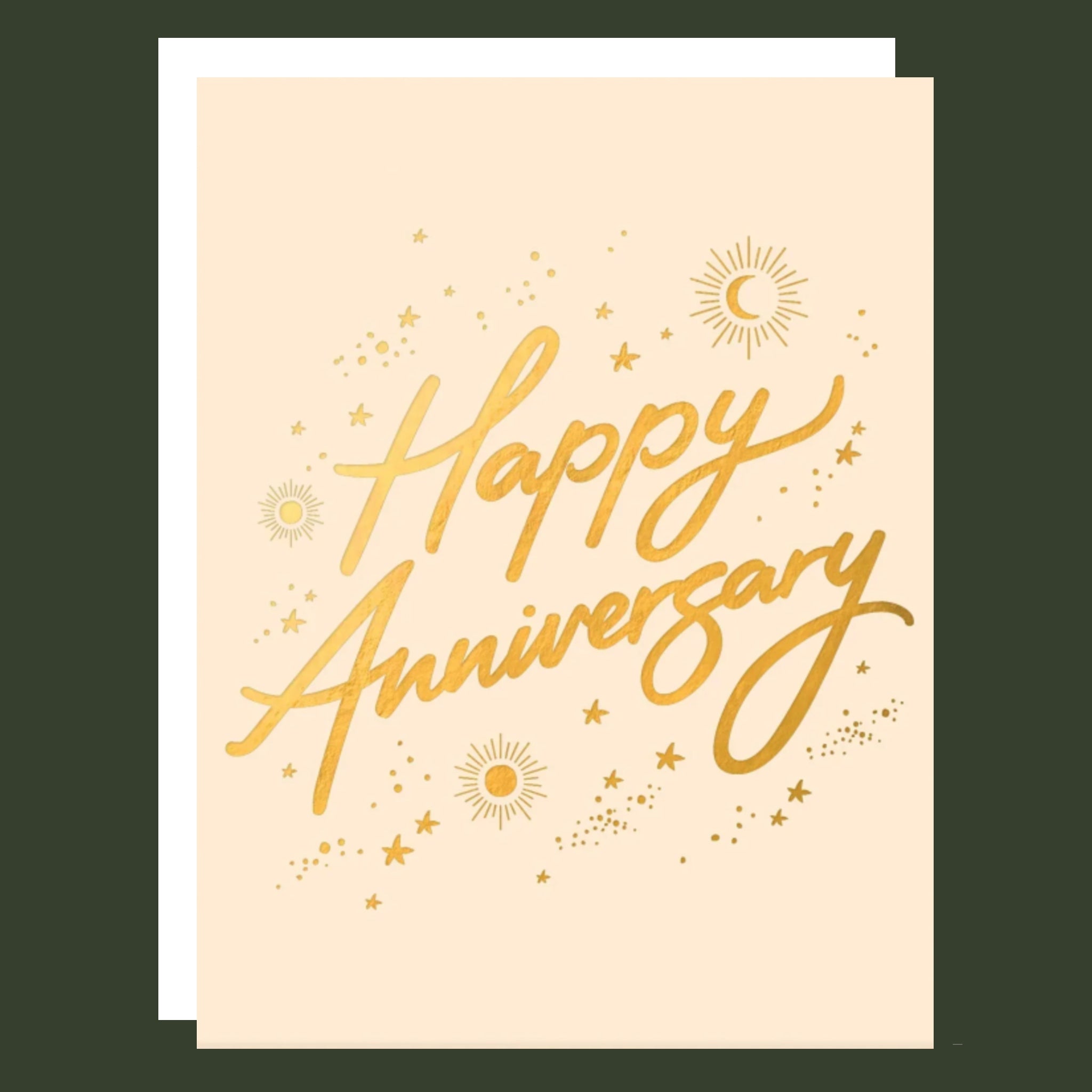 card with gold foil text that reads, "Happy Anniversary" along with gold foil stars, sun and moons around. 