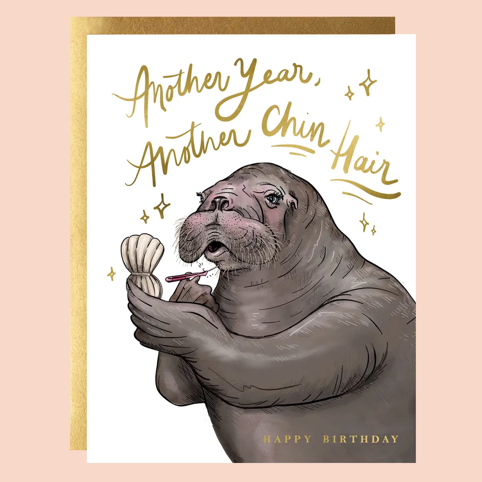 Greeting card with a walrus plucking their chin hairs. The card reads "Another Year, Another Chin Hair."