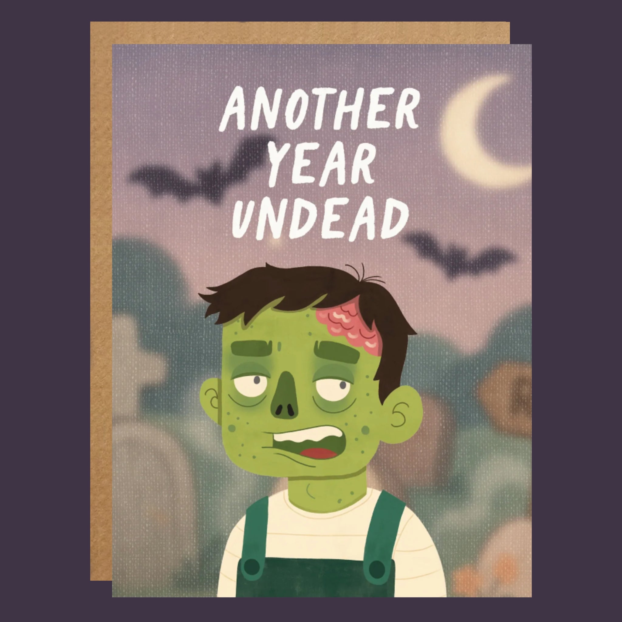A card with a zombie illustration and text that reads, &#39;Another Year Undead&#39;.
