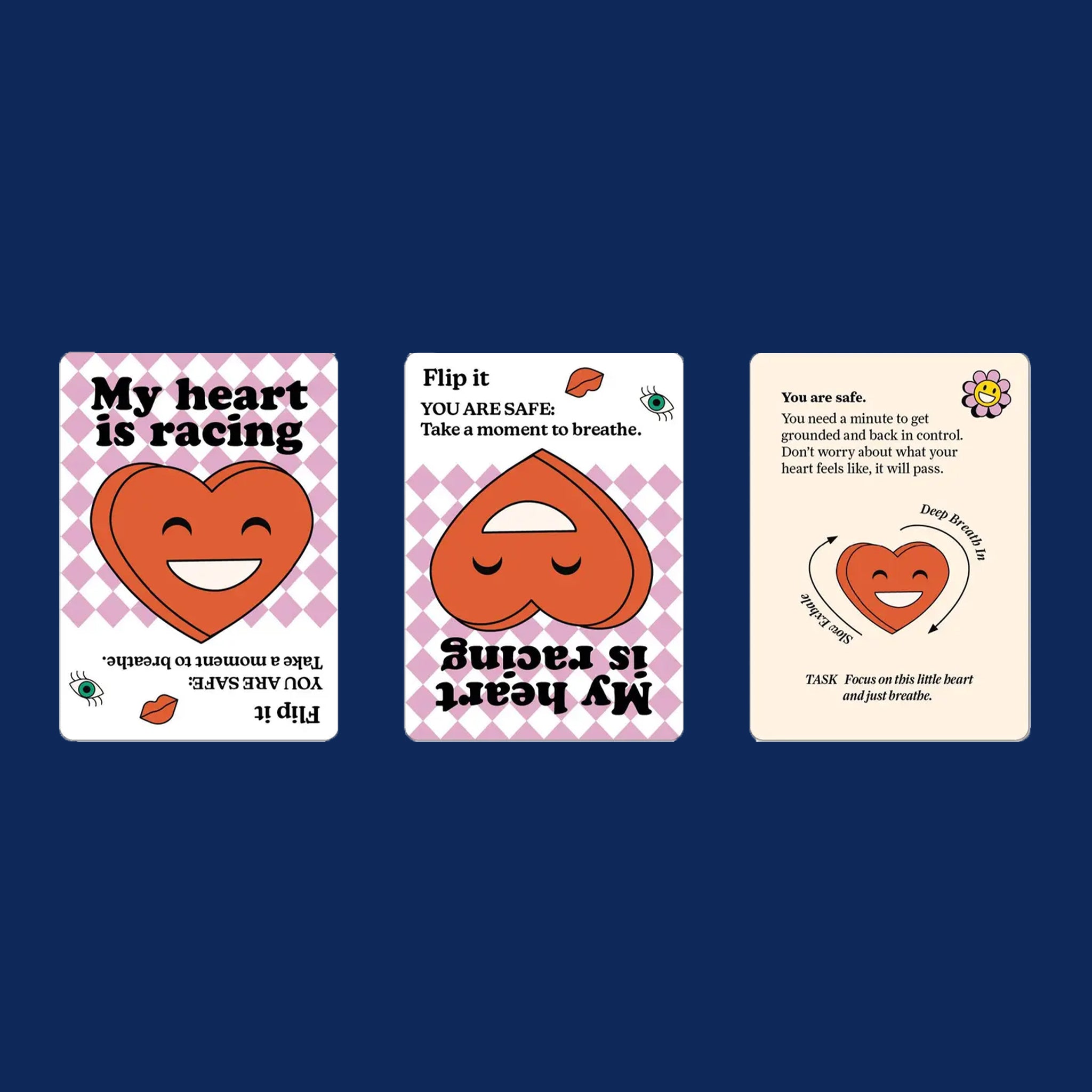 Three cards with cartoon hearts on a blue background