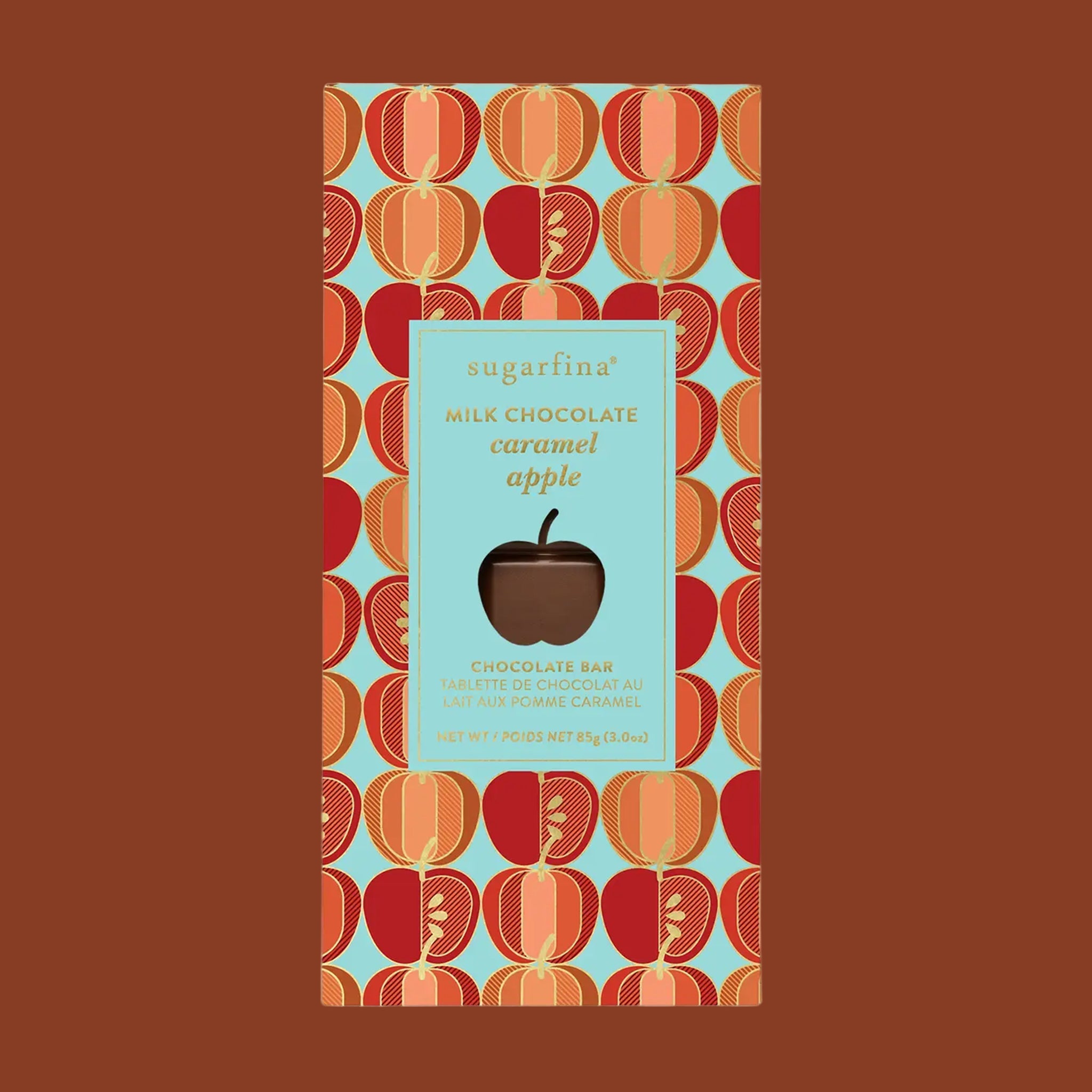 An apple graphic packaged caramel apple flavored chocolate bar with text that reads, 'sugarfina Milk Chocolate caramel apple'. 