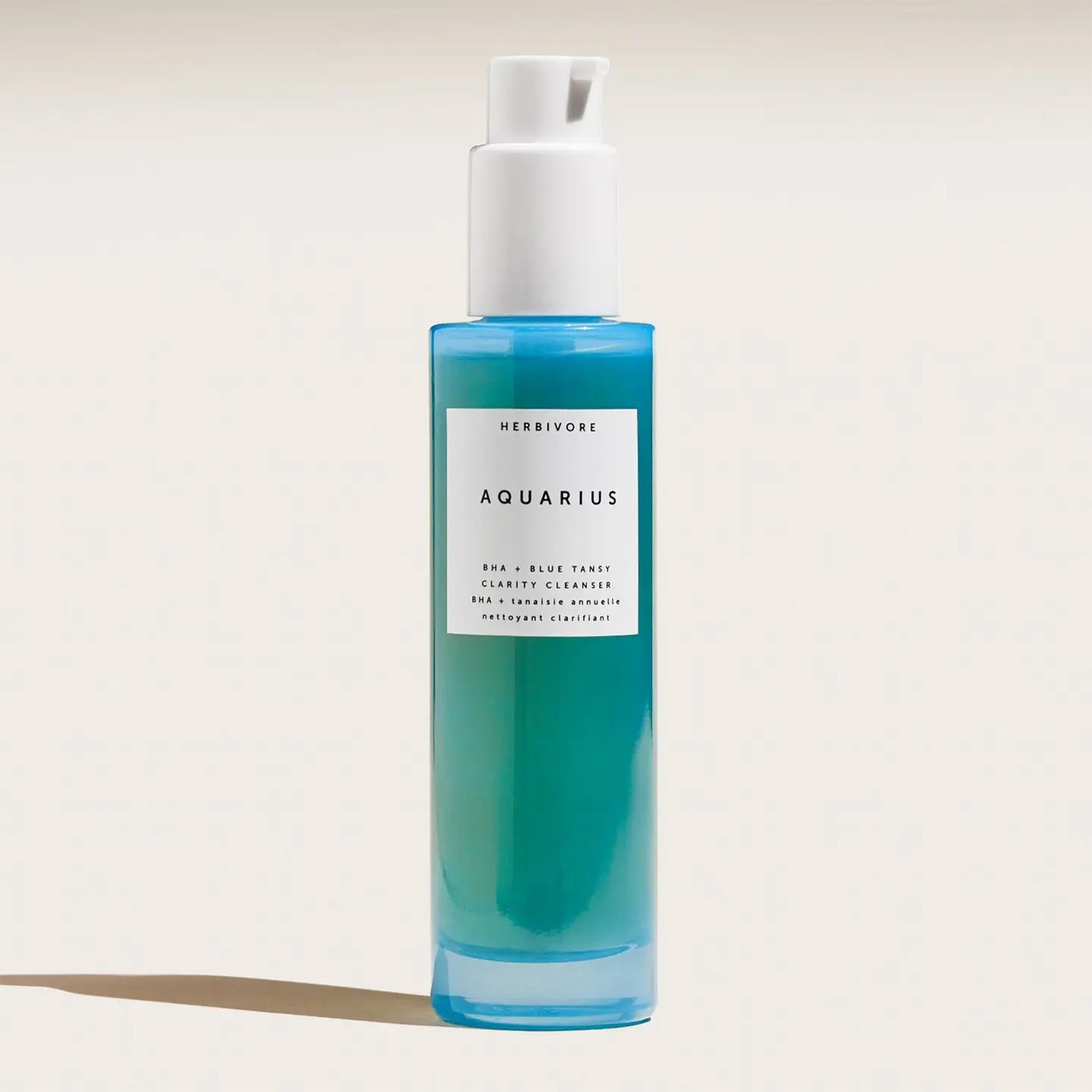 A bottle of cleanser that reads, "Herbivore Aquarius BHA + Blue Tansy". 